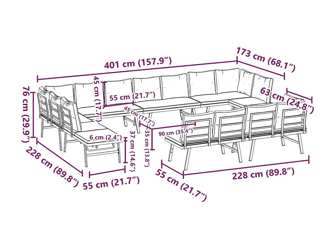 Bancos de jardín cojines 8 pzas acero recubrimiento polvo negro