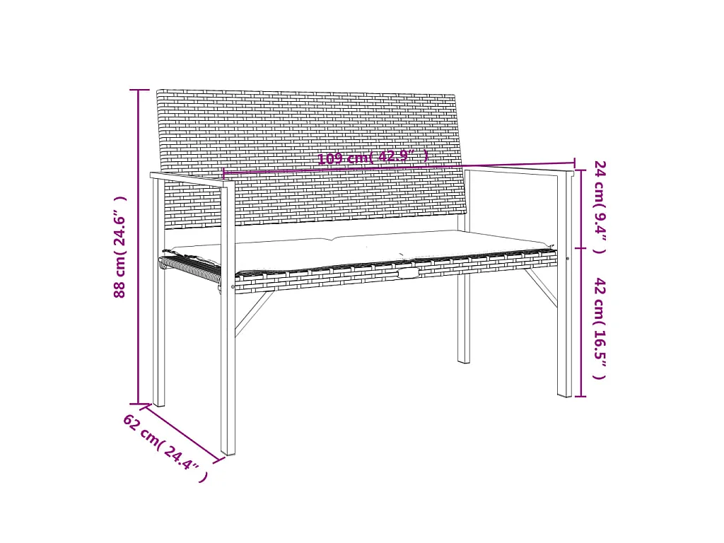 Banc de jardin à 2 places avec coussin noir résine tressée