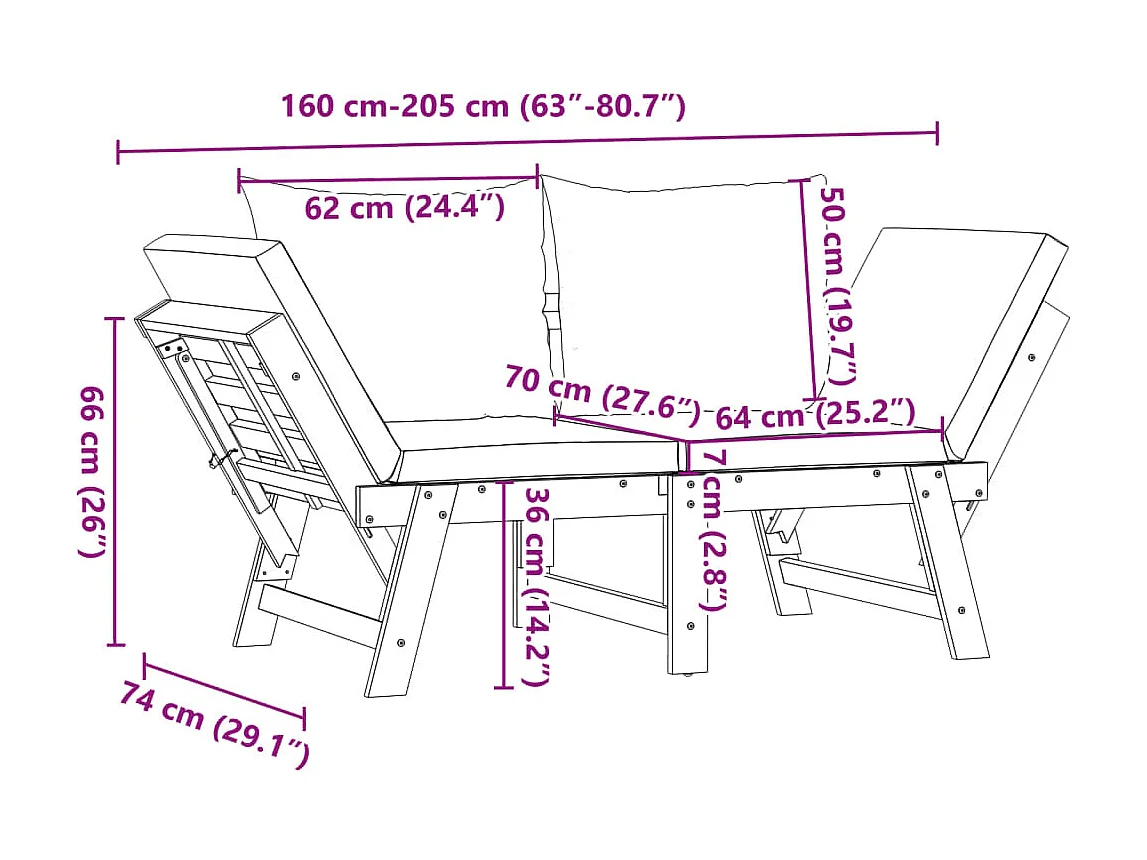 Banc de jardin avec coussins 2 en 1 bois d'acacia massif