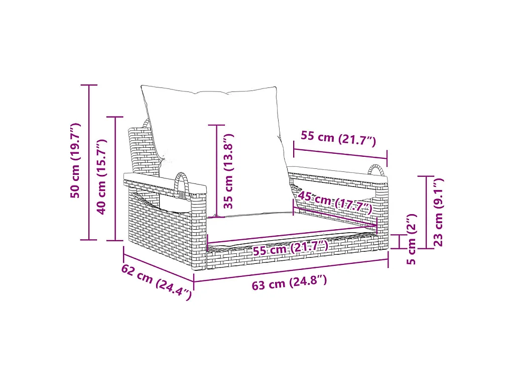 Balancelle avec coussins noir 63x62x40 cm résine tressée