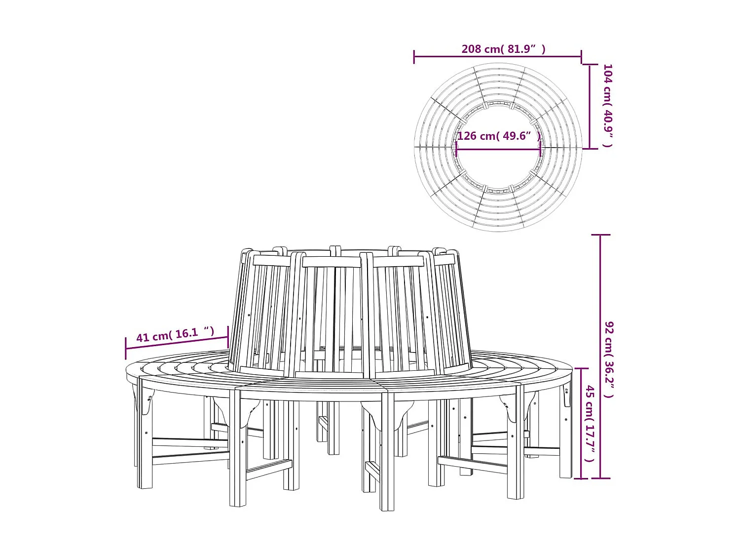 Banc de tour d'arbre rond Ø208 cm bois massif eucalyptus