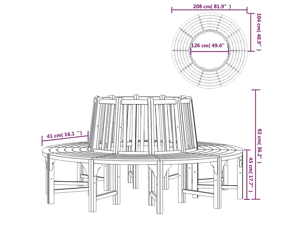 Banc de tour d'arbre rond Ø208 cm bois massif eucalyptus