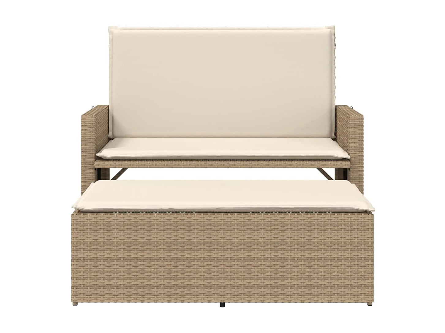 Tuinbank met kussens en voetenbank poly rattan beige