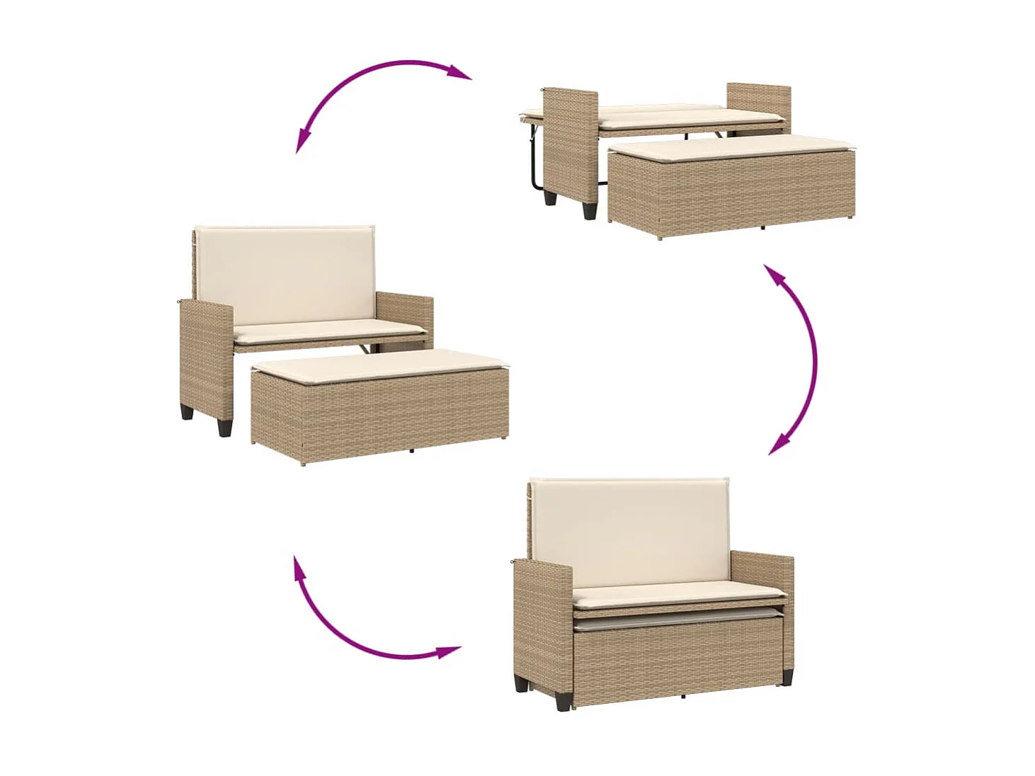 Tuinbank met kussens en voetenbank poly rattan beige