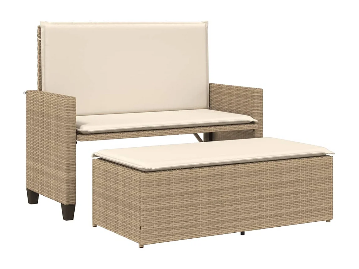 Banco de jardín con cojines y reposapiés ratán sintético beige