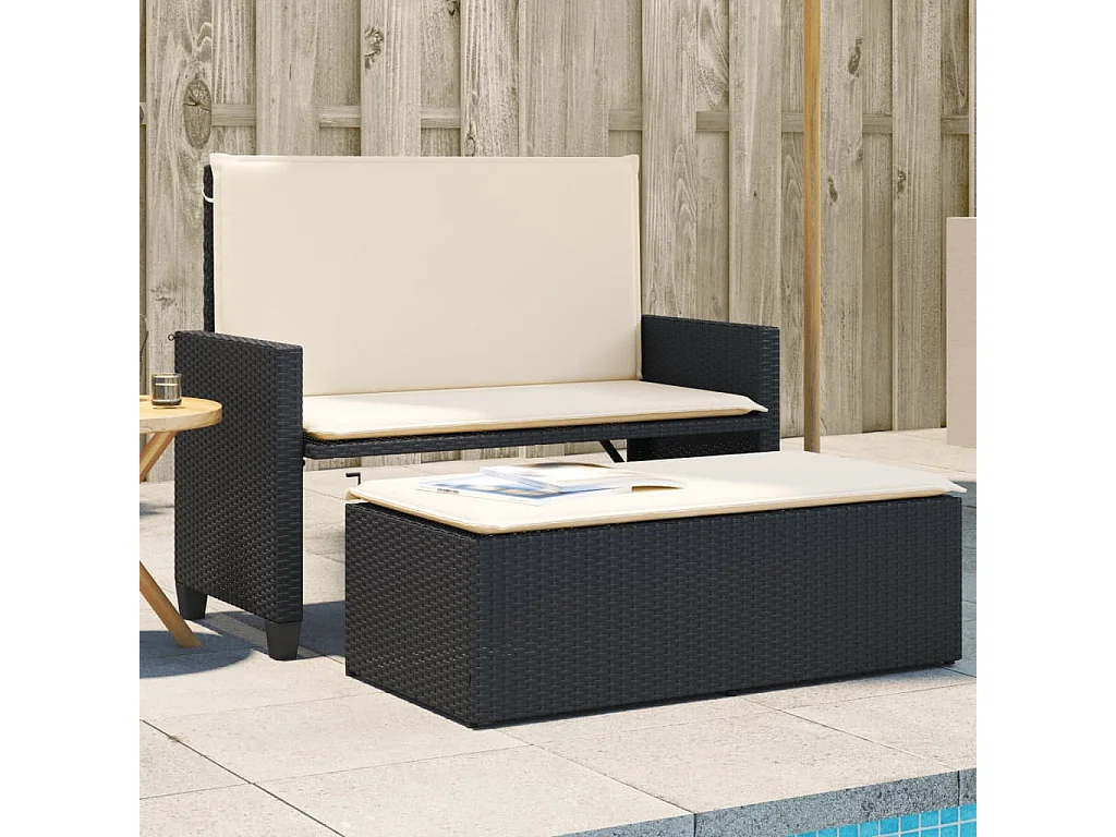 Gartenbank mit Kissen und Hocker Schwarz Poly Rattan
