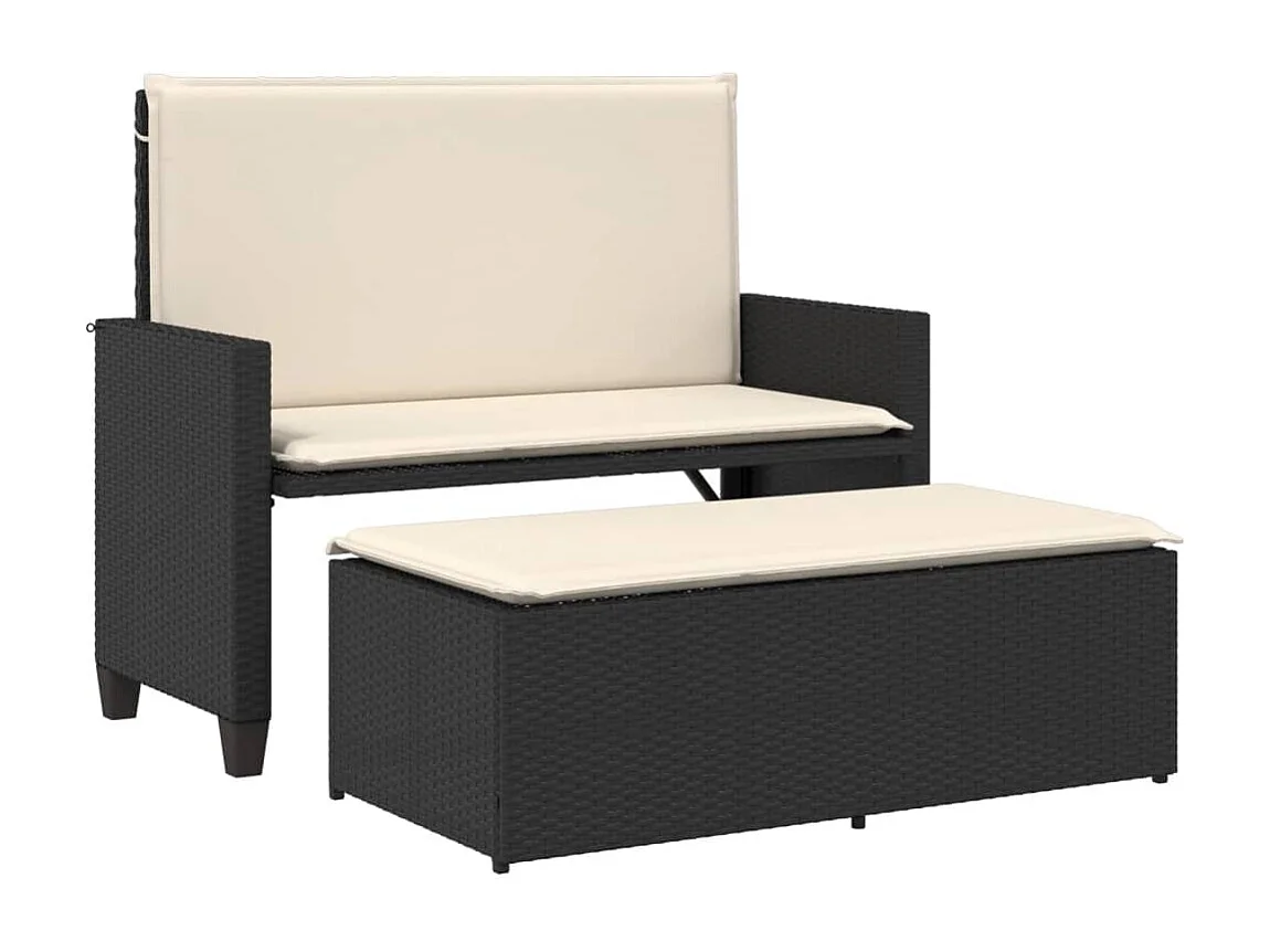 Gartenbank mit Kissen und Hocker Schwarz Poly Rattan