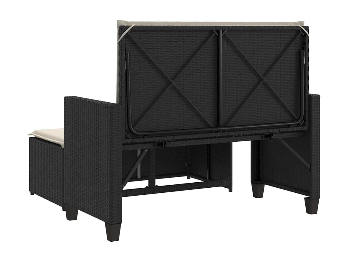 Gartenbank mit Kissen und Hocker Schwarz Poly Rattan