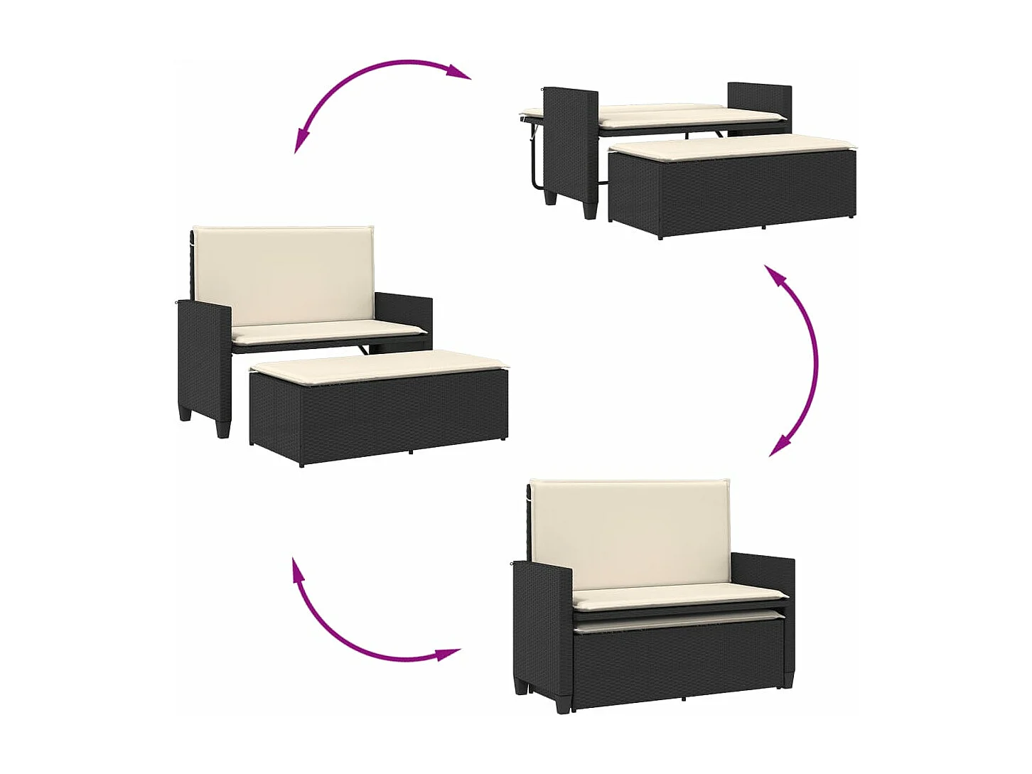 Gartenbank mit Kissen und Hocker Schwarz Poly Rattan