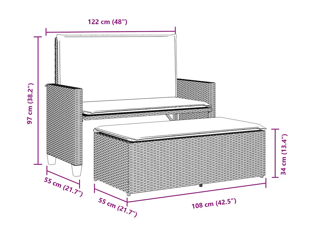 Gartenbank mit Kissen und Hocker Schwarz Poly Rattan