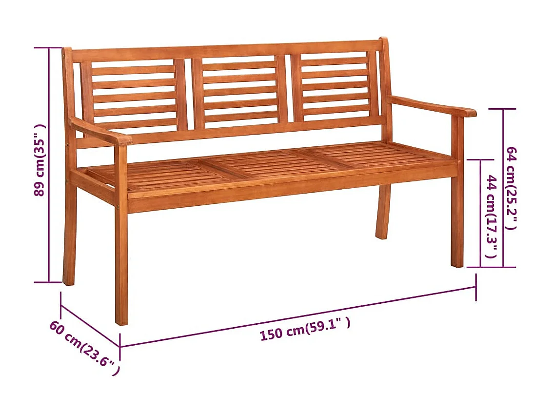 Banc de jardin 3 places avec coussin 150 cm Bois d'eucalyptus