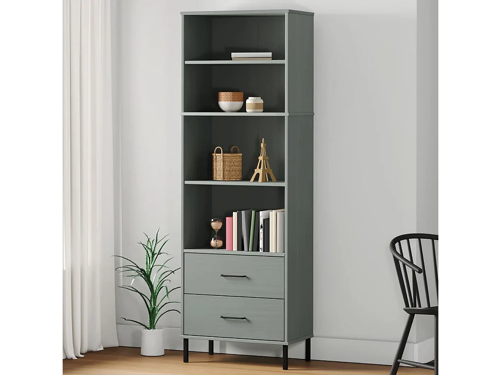 Bücherregal OSLO mit 2 Schubladen Grau 60x35x180 cm Massivholz