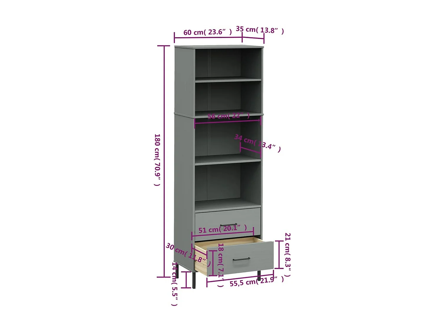 Bücherregal OSLO mit 2 Schubladen Grau 60x35x180 cm Massivholz