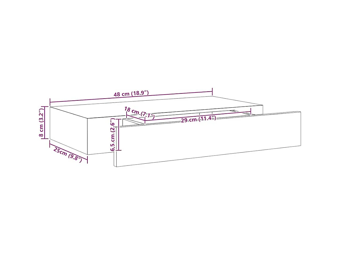 Mensola a Muro Galleggianti con Cassetto Nera 48x25x8 cm