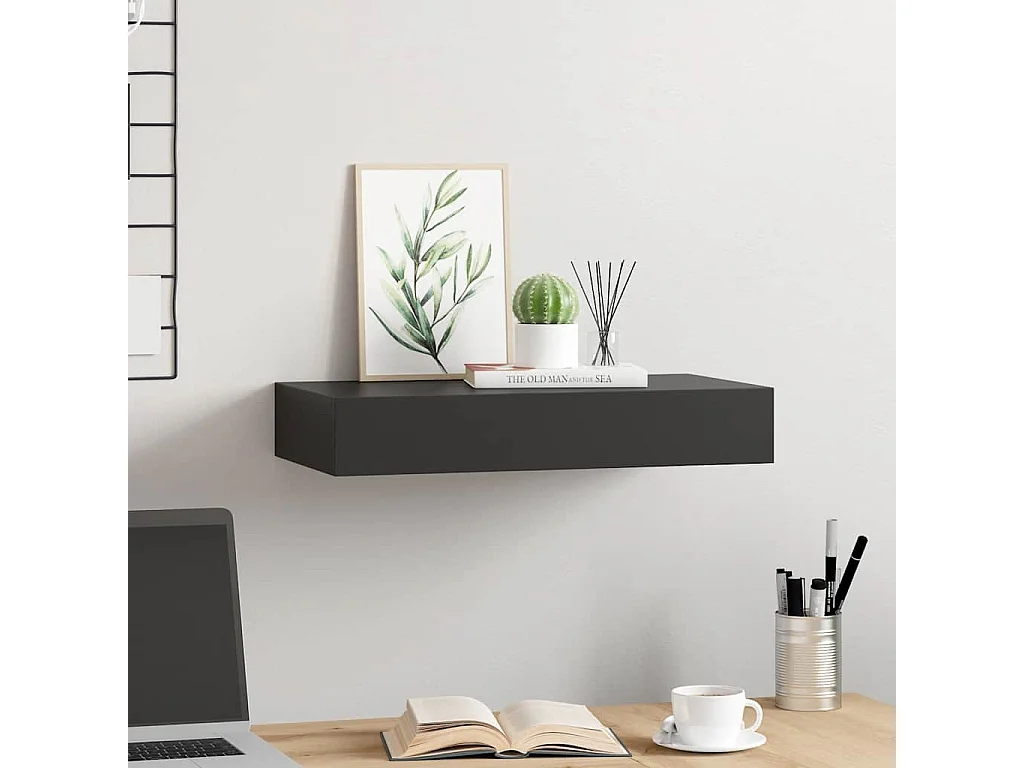 Prateleira de parede suspensa com gaveta 48x25x8 cm preto