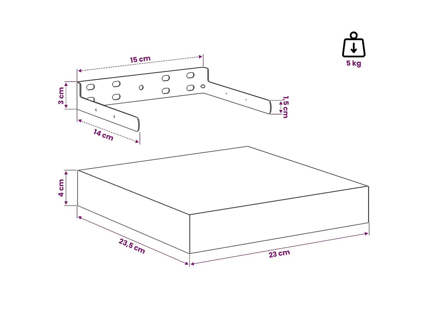 Prateleira parede suspensa 23x23,5x3,8 cm MDF branco brilhante