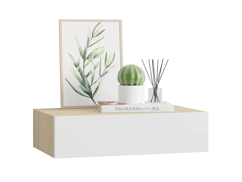 Étagère murale à tiroirs en chêne et blanc 40 x 23,5 x 10 cm MDF