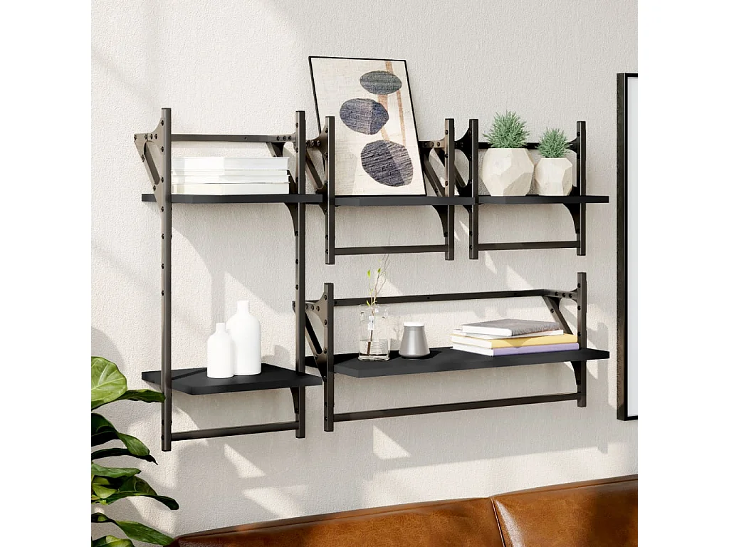 Set Mensole da Parete con Aste 4pz Nero in Legno Multistrato