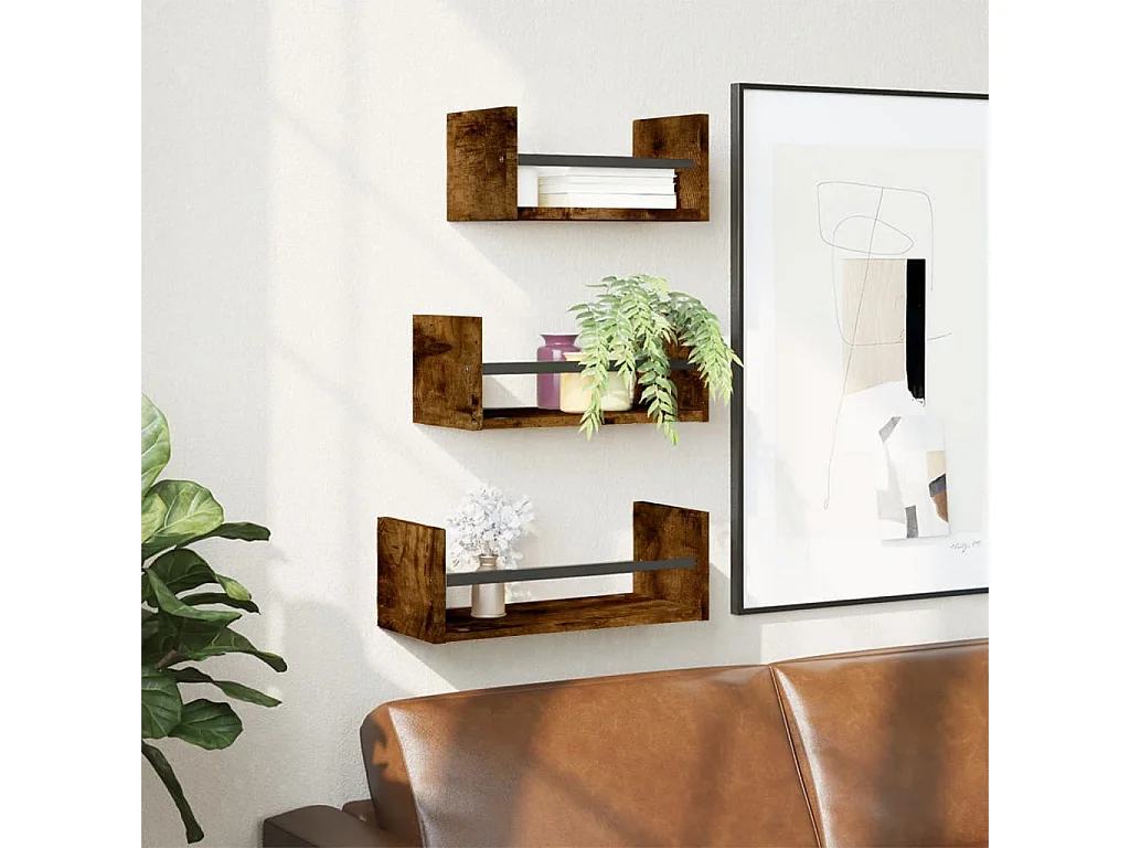 Ensemble d'étagères murales avec barres 3 pcs chêne fumé