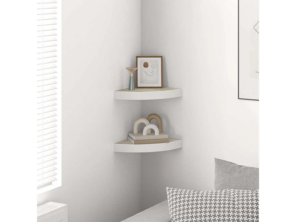 Étagères d'angle murales 2 pcs Chêne et blanc 25x25x3,8 cm MDF