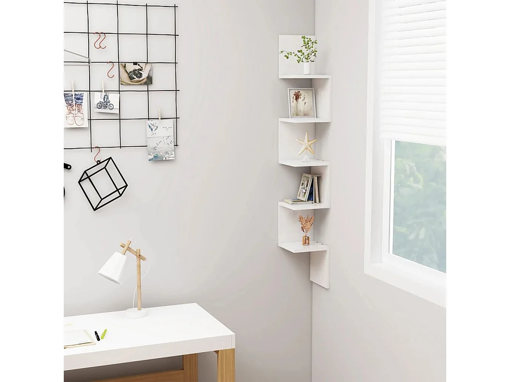 Estante de canto p/ parede deriv. de madeira branco brilhante