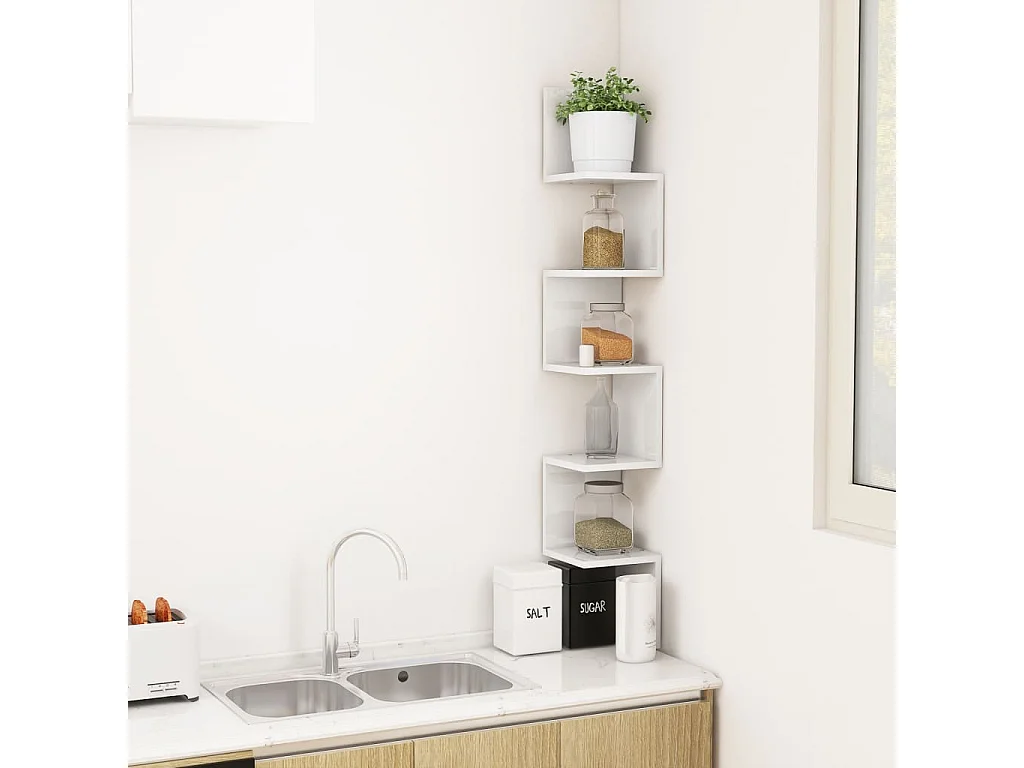 Estante de canto p/ parede deriv. de madeira branco brilhante