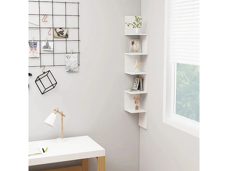 Estante de canto p/ parede deriv. de madeira branco brilhante