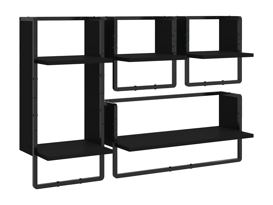 4-delige Wandschappenset met stangen bewerkt hout zwart