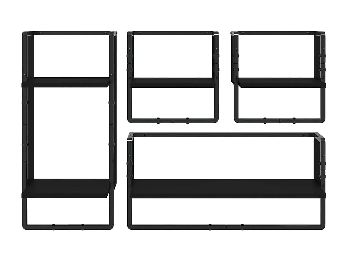 4-delige Wandschappenset met stangen bewerkt hout zwart