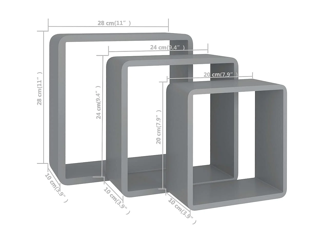 Étagères murales sous forme de cube 3 pcs Gris MDF