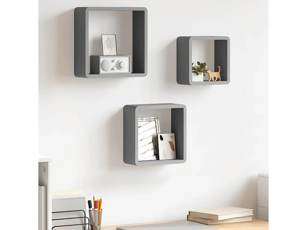 Étagères murales sous forme de cube 3 pcs Gris MDF