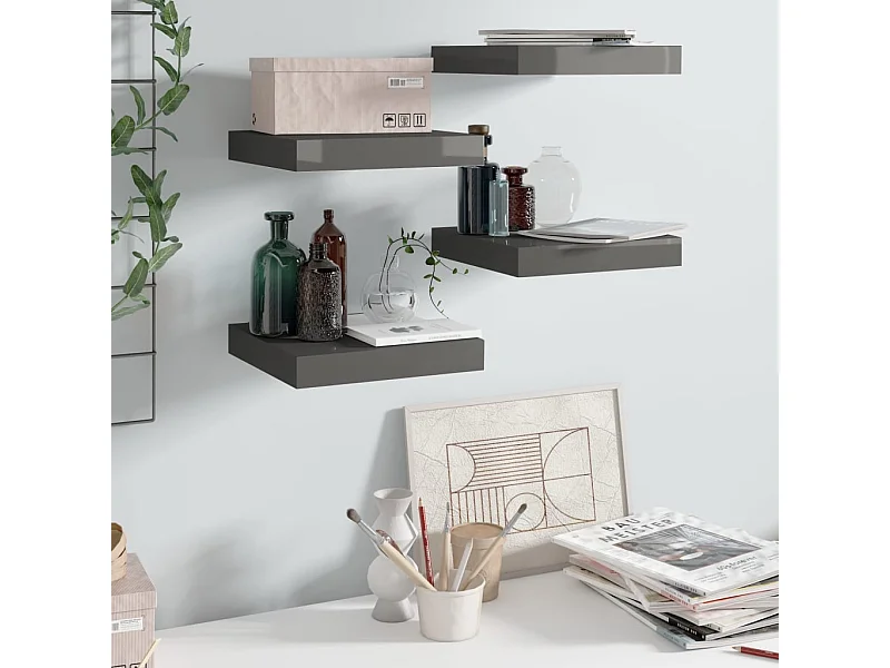 Schweberegale 4 Stk. Hochglanz-Grau 23x23,5x3,8 cm MDF