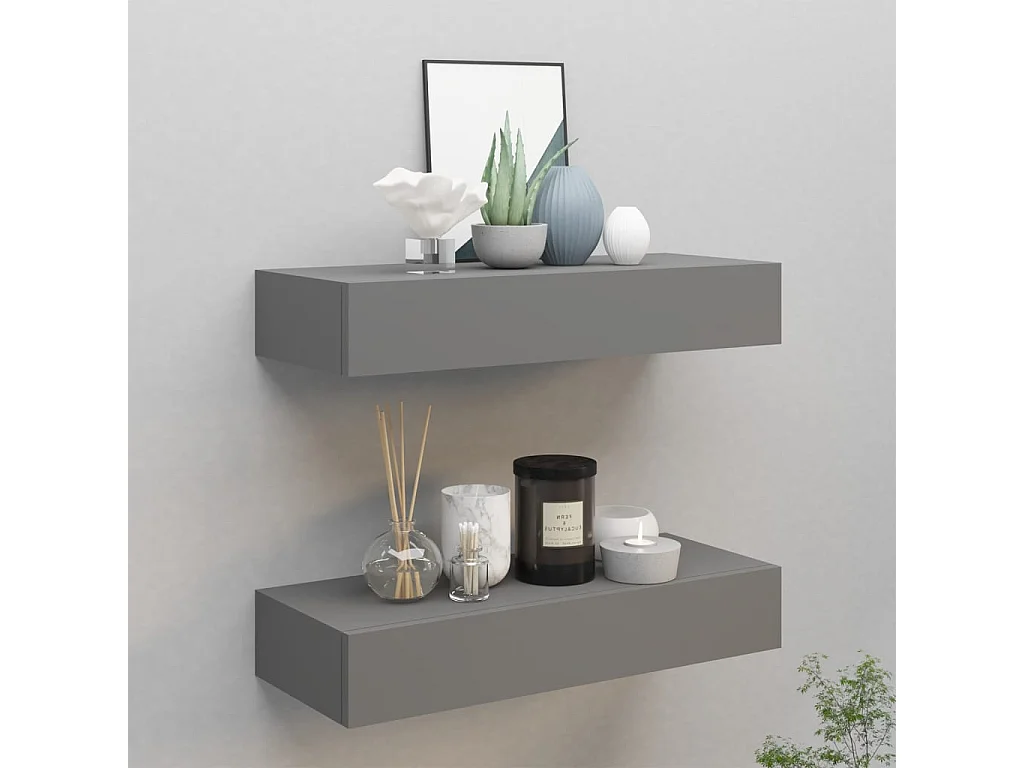 viaXL Wandschappen 2 st met lade 60x23,5x10 cm MDF grijs