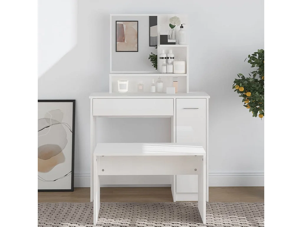 Coiffeuse avec miroir blanc brillant 86,5x35x136 cm