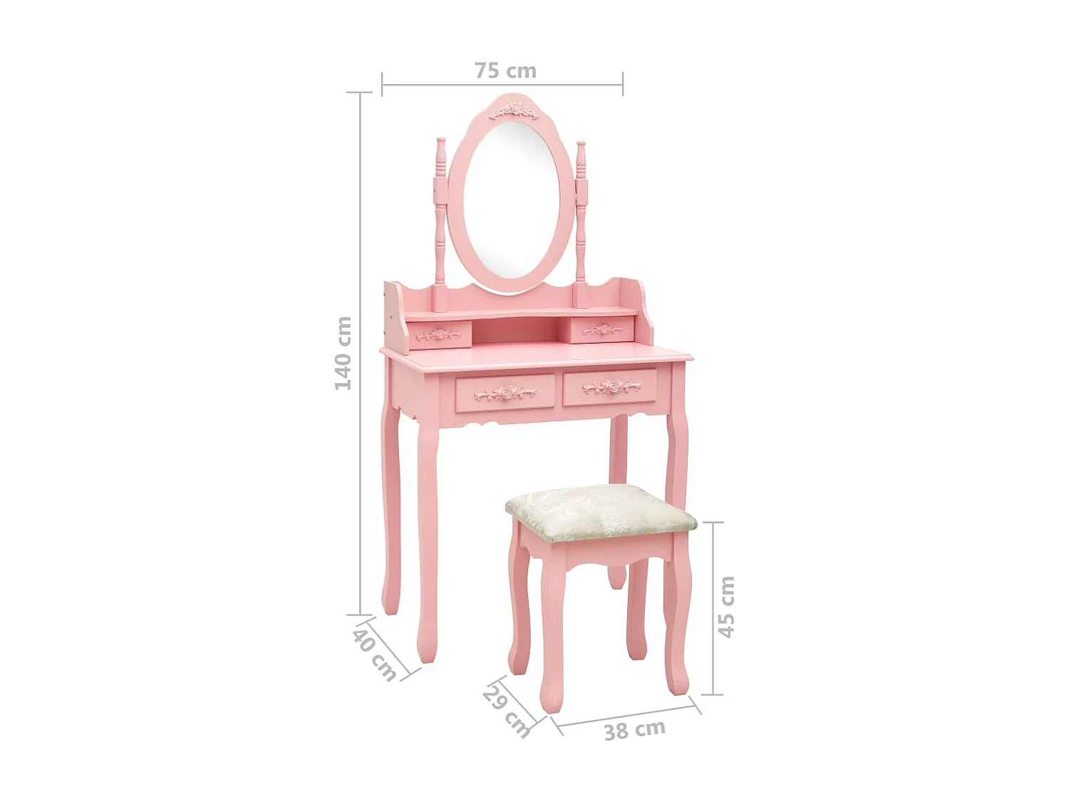 Schminktisch-Set mit Hocker Rosa 75x69x140 cm Paulownia-Holz