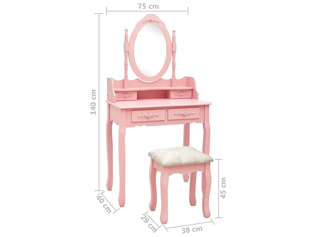 Ensemble de coiffeuse avec tabouret Rose 75x69x140 cm Paulownia