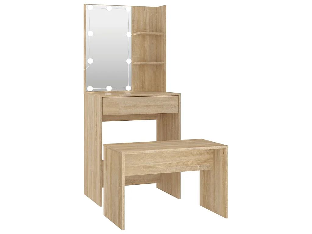 Juego de tocador con LED madera contrachapada roble Sonoma