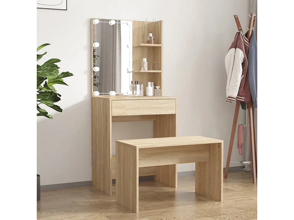 Juego de tocador con LED madera contrachapada roble Sonoma