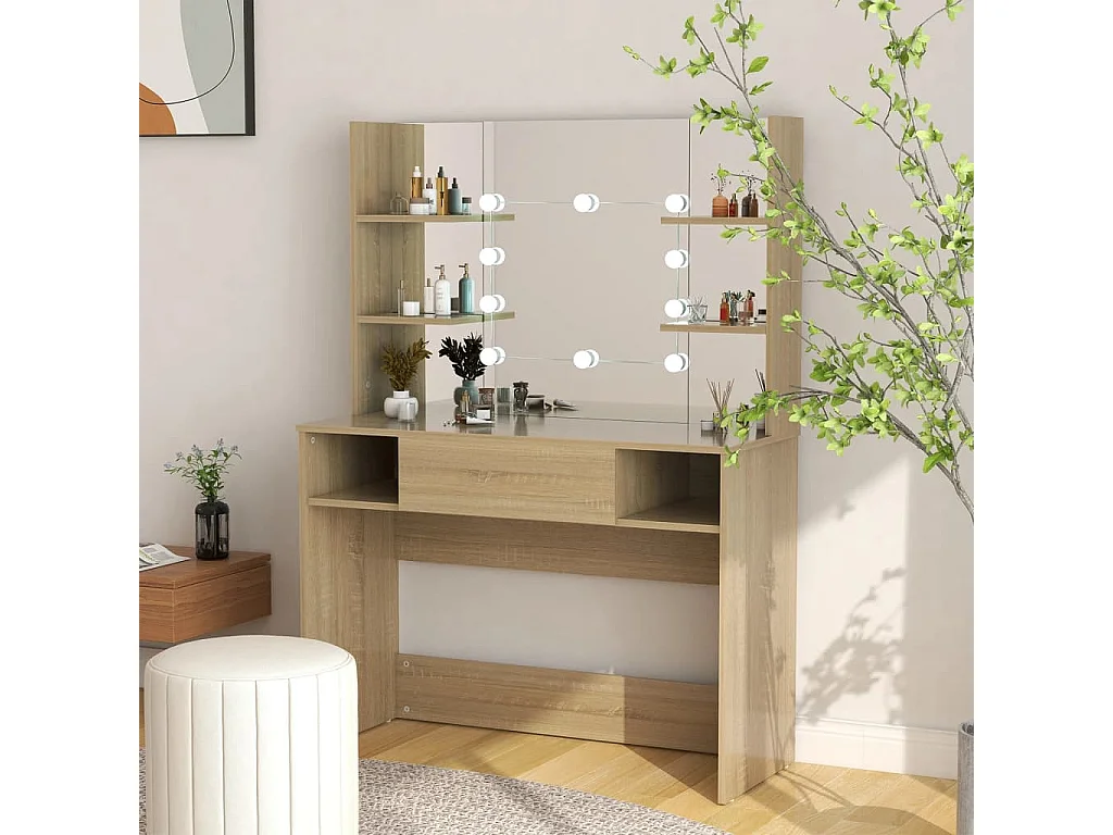 Schminktisch mit LED-Beleuchtung 100x40x135 cm MDF Eiche-Optik