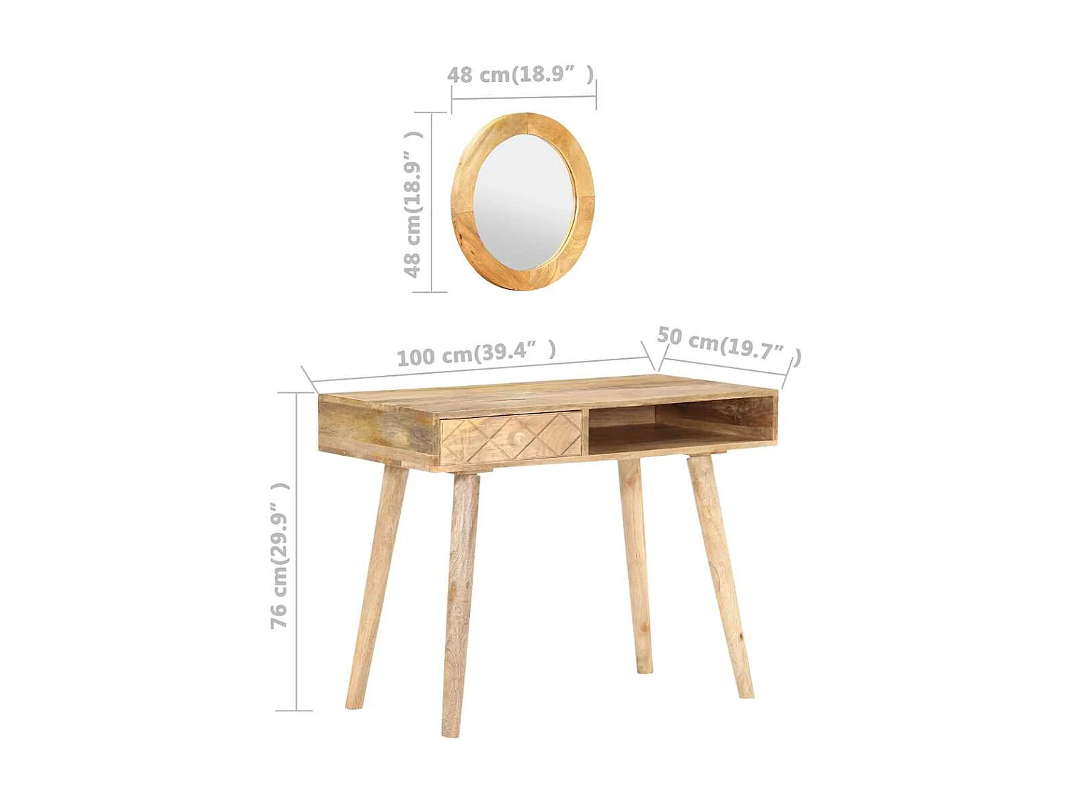 Tavolino da Trucco 100x50x76 cm in Legno Massello di Mango