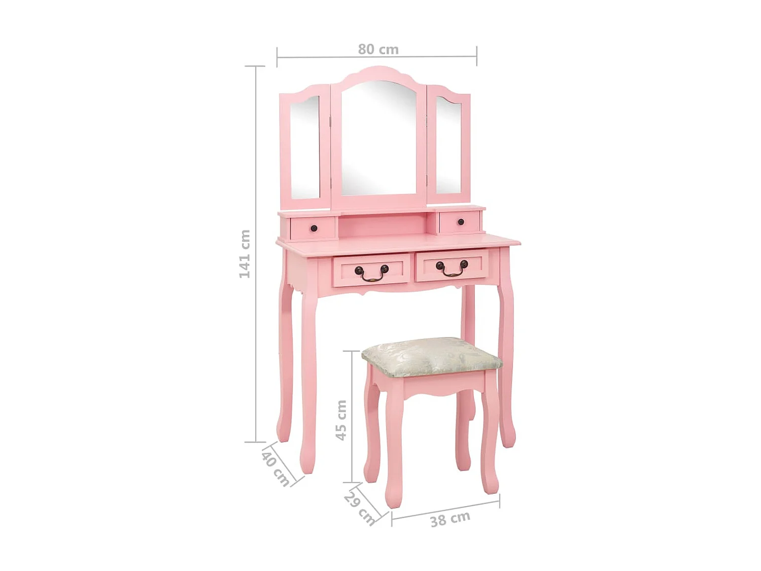 Ensemble de coiffeuse avec tabouret Rose 80x69x141 cm Paulownia