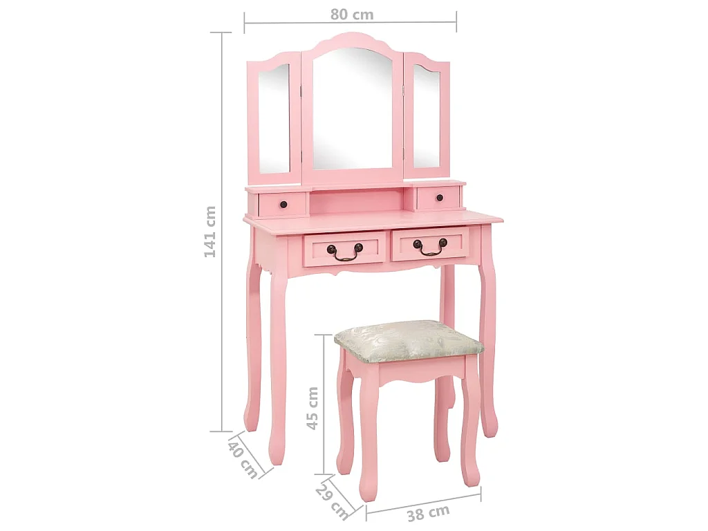 Tavolo da Trucco con Sgabello Rosa 80x69x141 cm Legno Paulownia