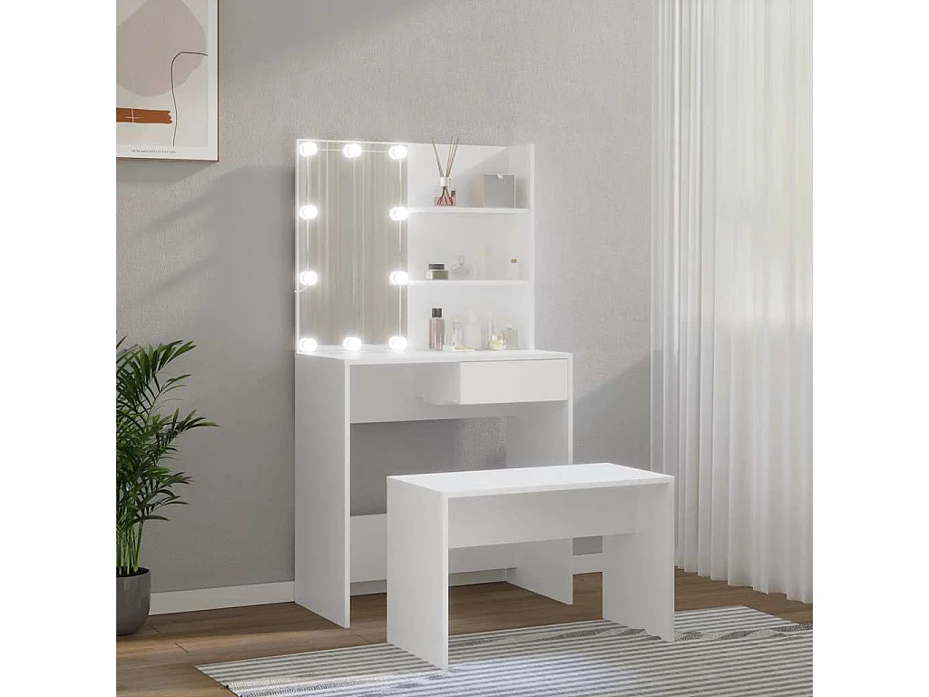 Schminktisch-Set mit LED Weiß Holzwerkstoff