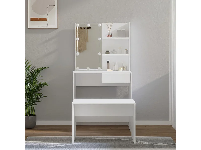 Set Tavolo da Toeletta Bianco con LED in Legno Multistrato