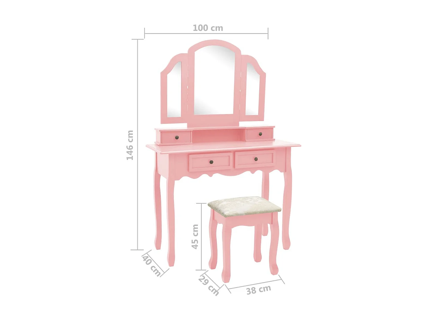 Ensemble de coiffeuse et tabouret Rose 100x40x146 cm Paulownia