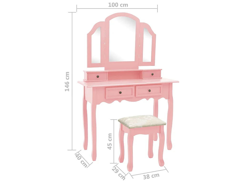 Ensemble de coiffeuse et tabouret Rose 100x40x146 cm Paulownia