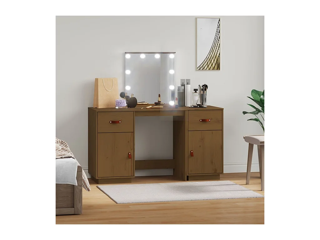 Ensemble de coiffeuse avec LED Marron miel Bois de pin solide