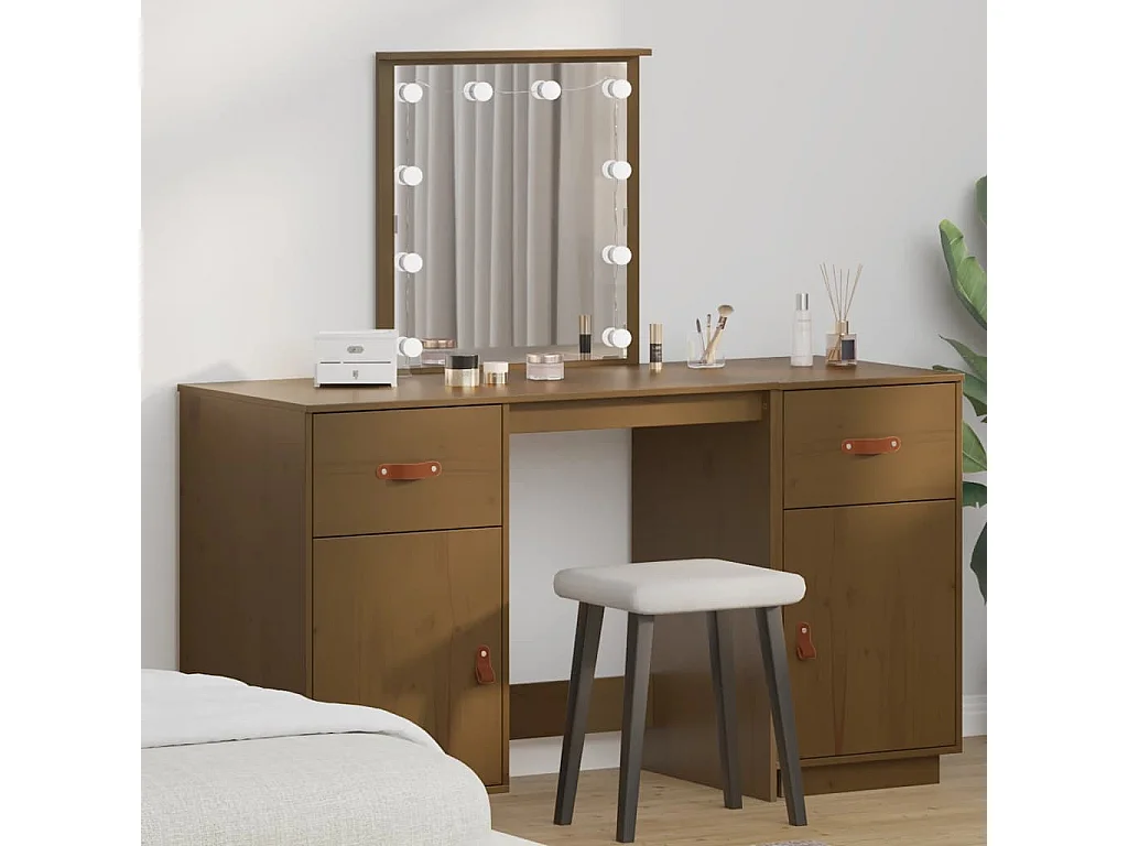 Schminktisch-Set mit LED Honigbraun Massivholz Kiefer