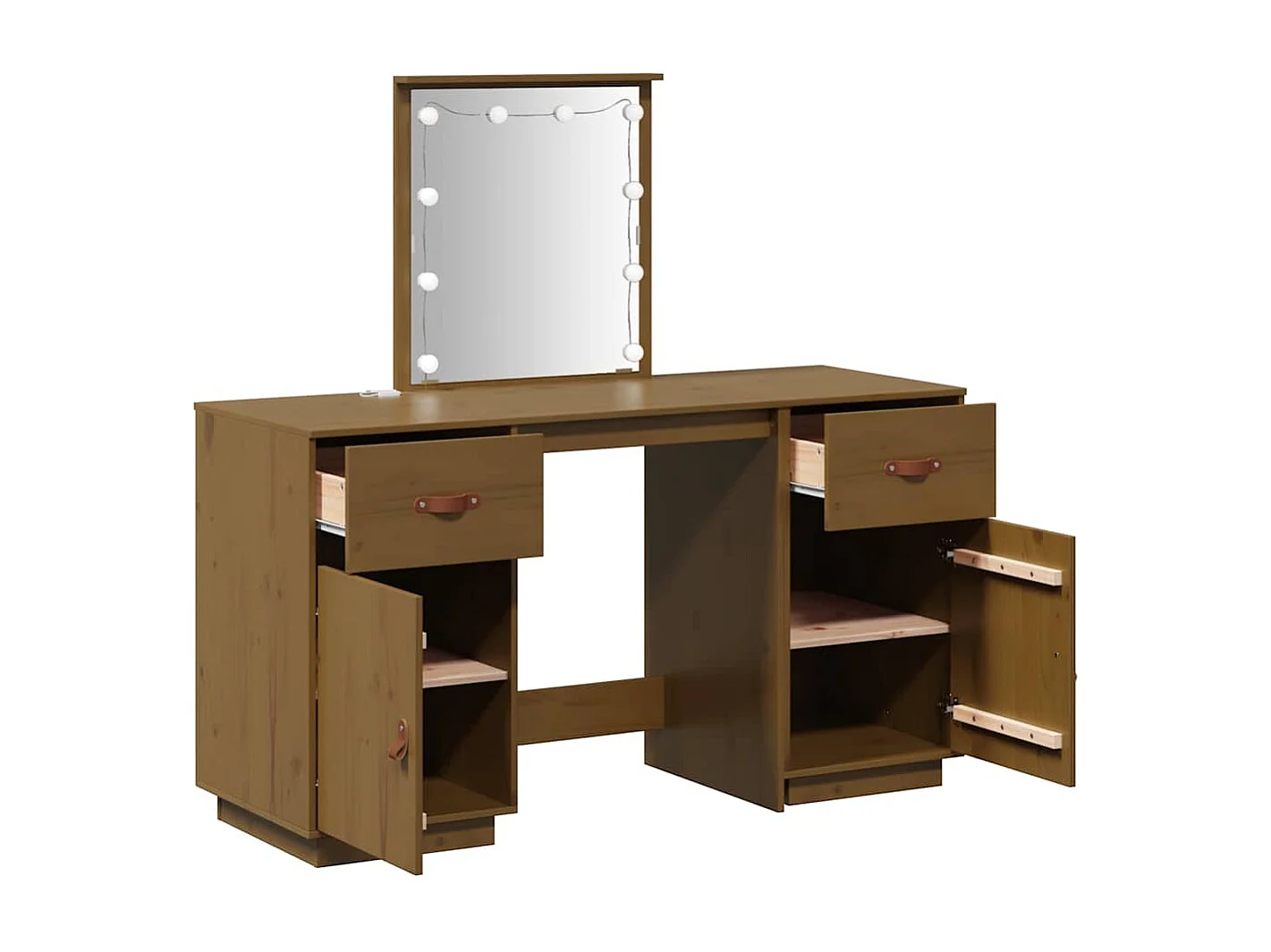 Schminktisch-Set mit LED Honigbraun Massivholz Kiefer