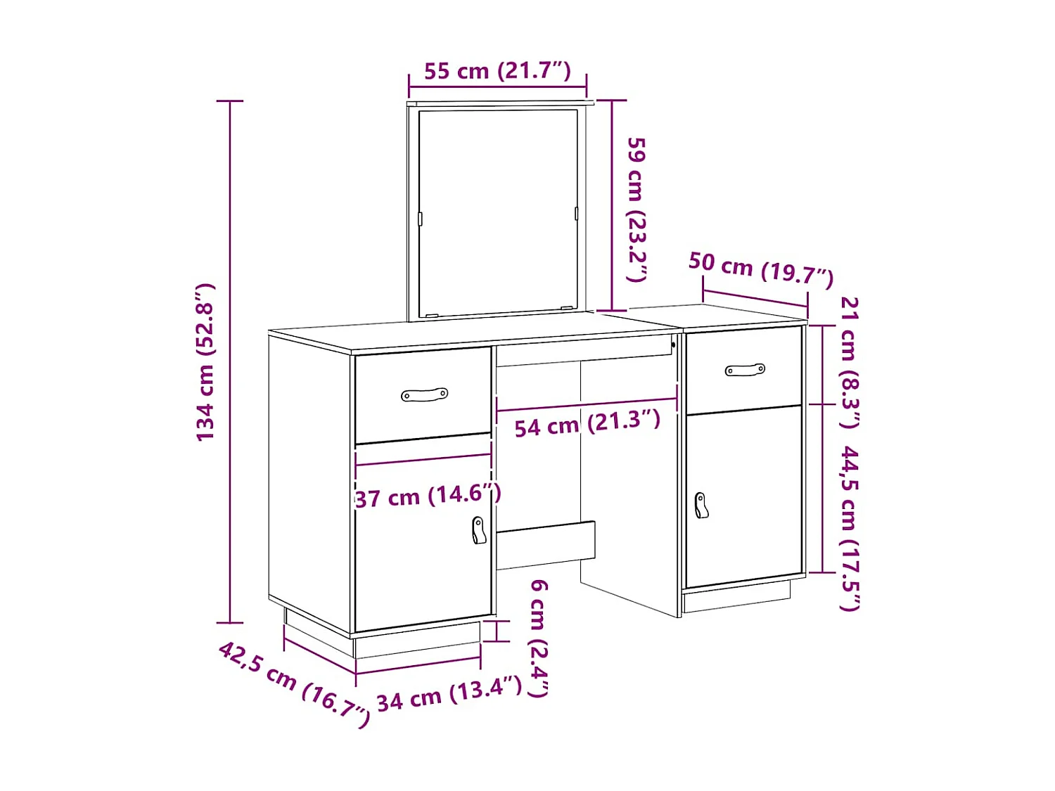 Tocador con espejo madera maciza de pino blanco